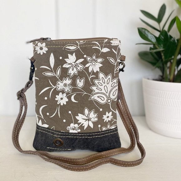 Floral Print Upcycled Canvas and Leather Crossbody Bag - Picture 1 of 9